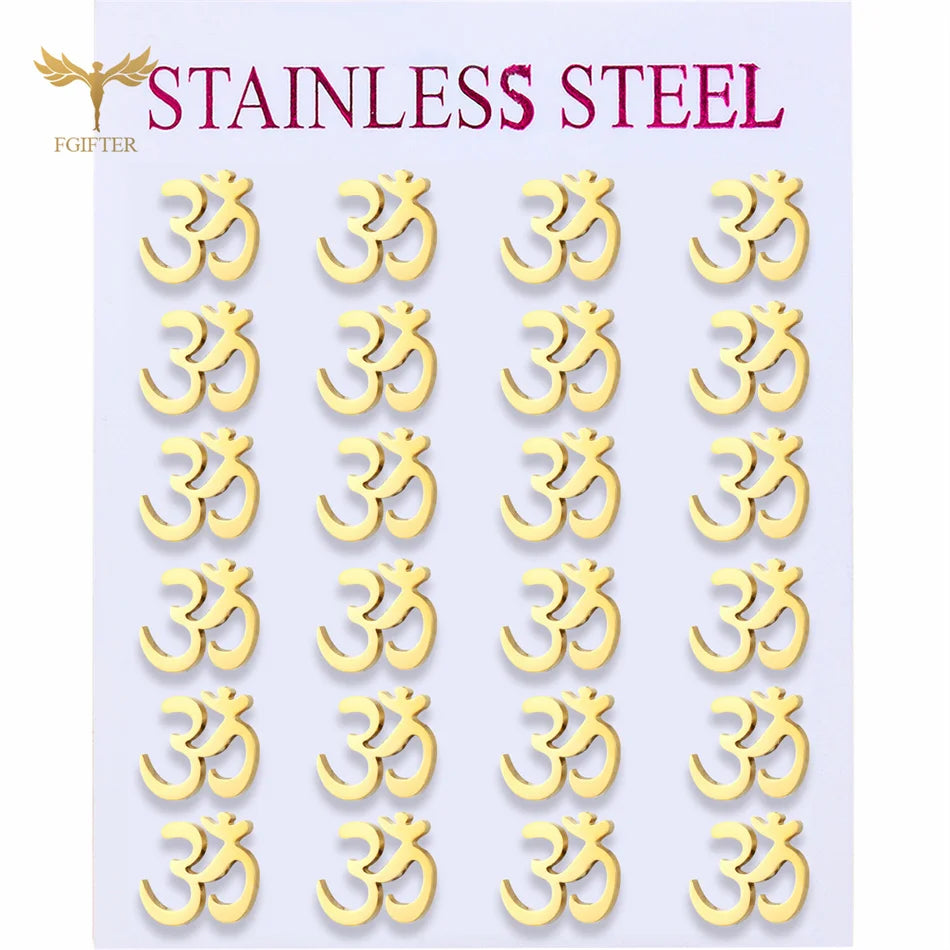 12 Pairs Aum Om Ohm Symbol Stud Earrings Women Indian Yoga Sport Jewelry Earings Set Wholesale Stainless Steel Ornament Gifts