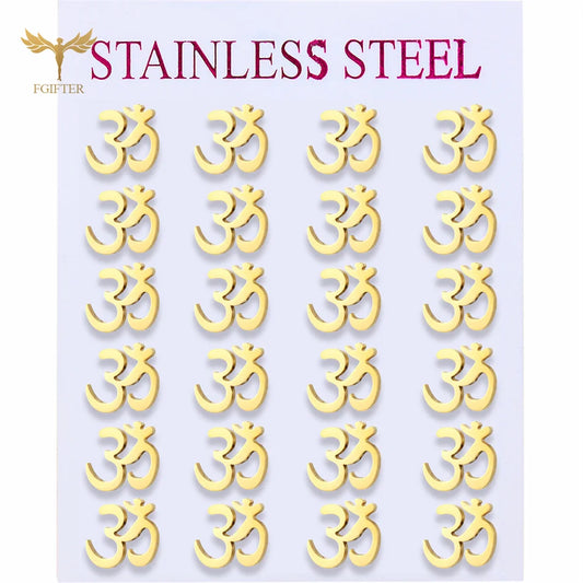 12 Pairs Aum Om Ohm Symbol Stud Earrings Women Indian Yoga Sport Jewelry Earings Set Wholesale Stainless Steel Ornament Gifts