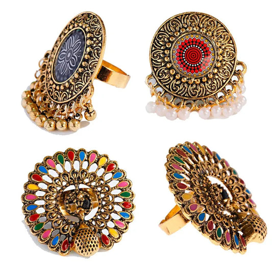 Vintage Gold Color Women Rings Indian Jewelry Engraved Flower Pattern Retro Party Female Pearl Tassel Finger Ring Stylish