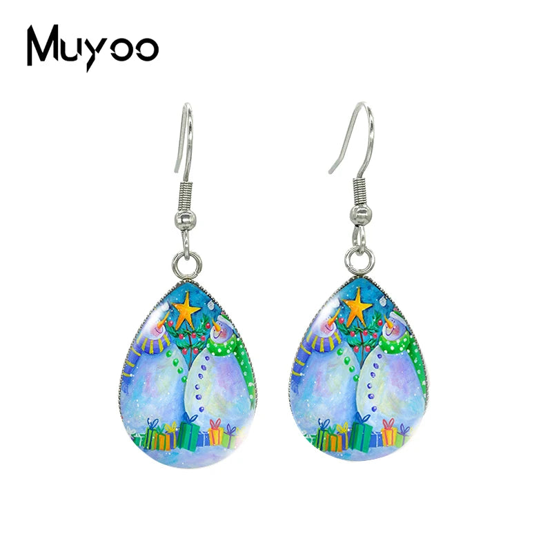 2021 New Snowman Tear drop Earring Merry Christmas Fish hook Earrings Glass Cabochon Jewelry Handmade Items