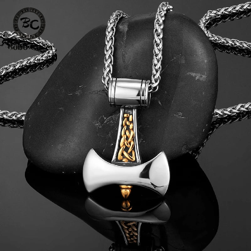 Vikings Axe Anchor Necklaces Men Titanium Steel Gold Color Norse Rune Hammer Amulet Pendant Self-defense Never Fade Male Jewelry