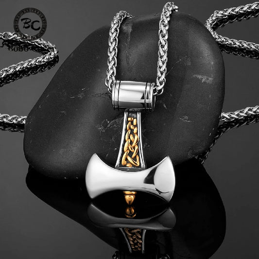 Vikings Axe Anchor Necklaces Men Titanium Steel Gold Color Norse Rune Hammer Amulet Pendant Self-defense Never Fade Male Jewelry