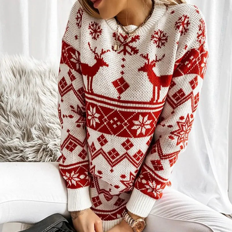 2025 Winter Women's Christmas Sweater Elk Print Knitted Jumpers Full Sleeve O Neck Casual Loose Knitwear Pullover Tops Xmas Look