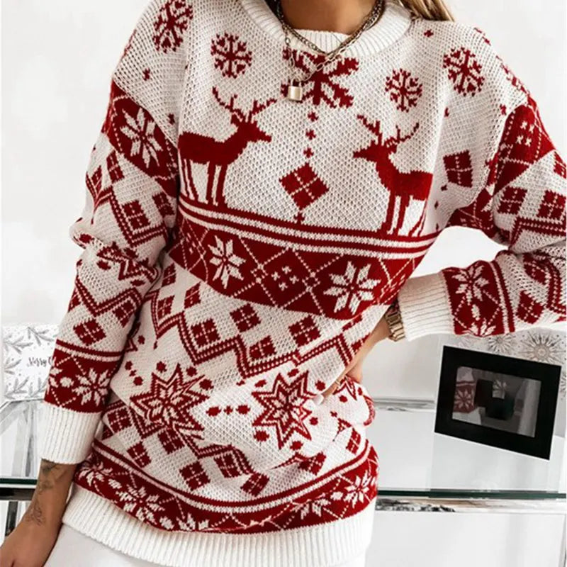 2025 Winter Women's Christmas Sweater Elk Print Knitted Jumpers Full Sleeve O Neck Casual Loose Knitwear Pullover Tops Xmas Look