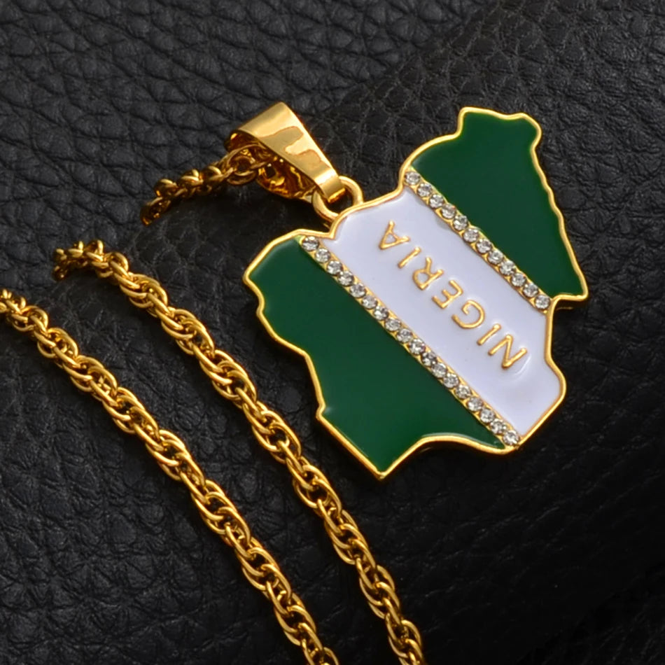 Anniyo Nigeria Map Flag Rhinestone Pendant Necklaces for Women Men Gold Color Nigerian Jewelry Patriotic  #068806