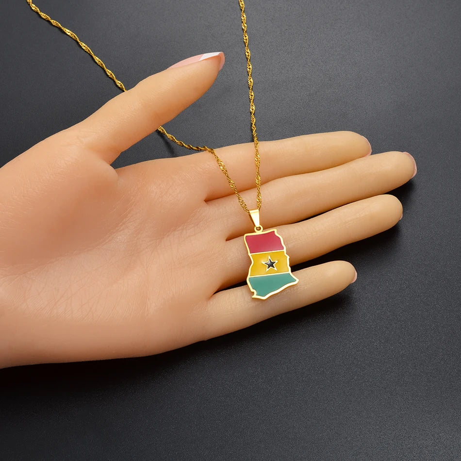 Anniyo Colorful Flags Nigeria Ghana Jamaica Guyana Maps Stainless Steel & Enamel Pendant Necklaces National Jewelry @122921