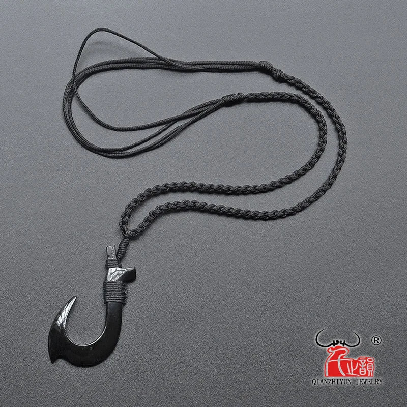 1PC Hawaii Surfer Jewelry Handmade Carved buffalo horn  Fish Hook Pendant New Zealand Maori Tribal Choker WoMen's Men's Necklace