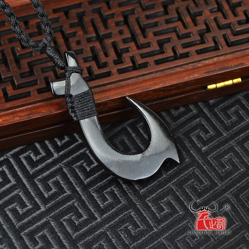 1PC Hawaii Surfer Jewelry Handmade Carved buffalo horn  Fish Hook Pendant New Zealand Maori Tribal Choker WoMen's Men's Necklace