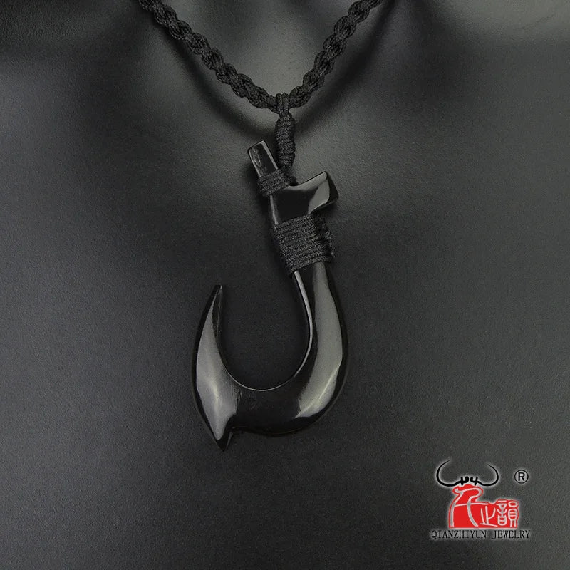 1PC Hawaii Surfer Jewelry Handmade Carved buffalo horn  Fish Hook Pendant New Zealand Maori Tribal Choker WoMen's Men's Necklace