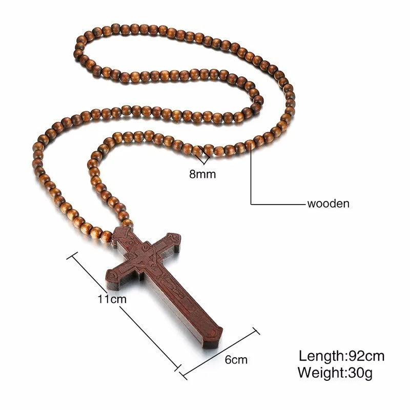Vnox 36" Long Rosary Necklace Large Wood Jesus Christ Cross Pendant With Wooden Beads Sweater Chain Male Collier Statement Jewel