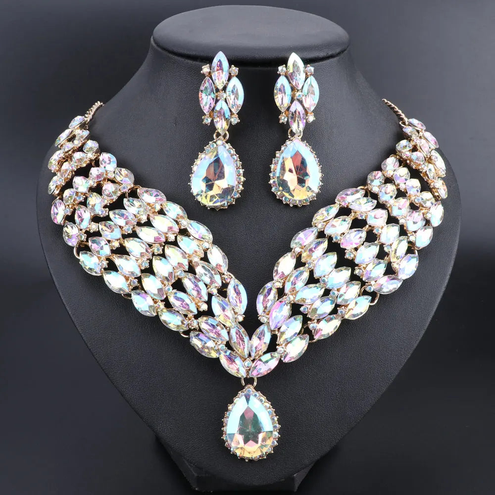 New Green Crystal Statement Necklace Earrings Set Gold Color Jewelry Sets Indian Bridal Wedding Costume Jewellery