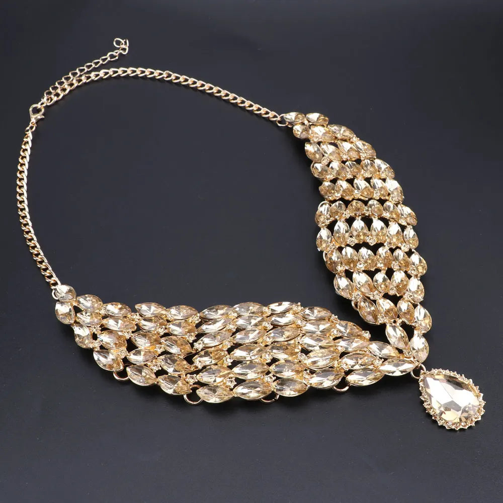 New Green Crystal Statement Necklace Earrings Set Gold Color Jewelry Sets Indian Bridal Wedding Costume Jewellery