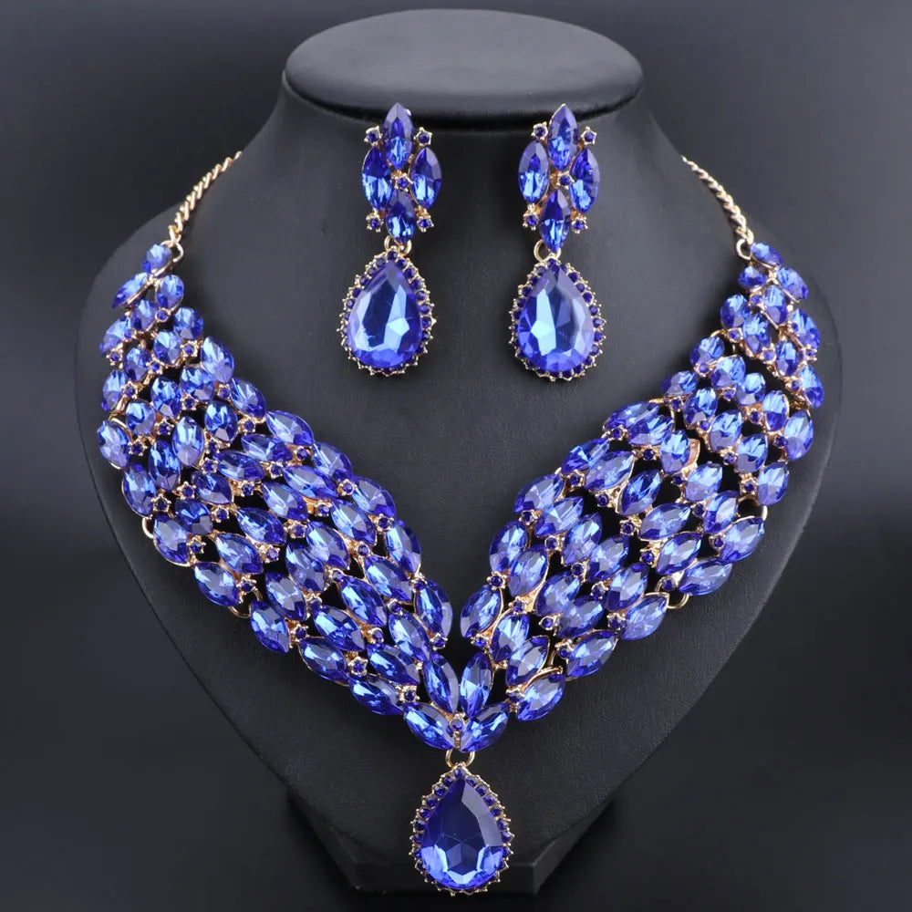 New Green Crystal Statement Necklace Earrings Set Gold Color Jewelry Sets Indian Bridal Wedding Costume Jewellery