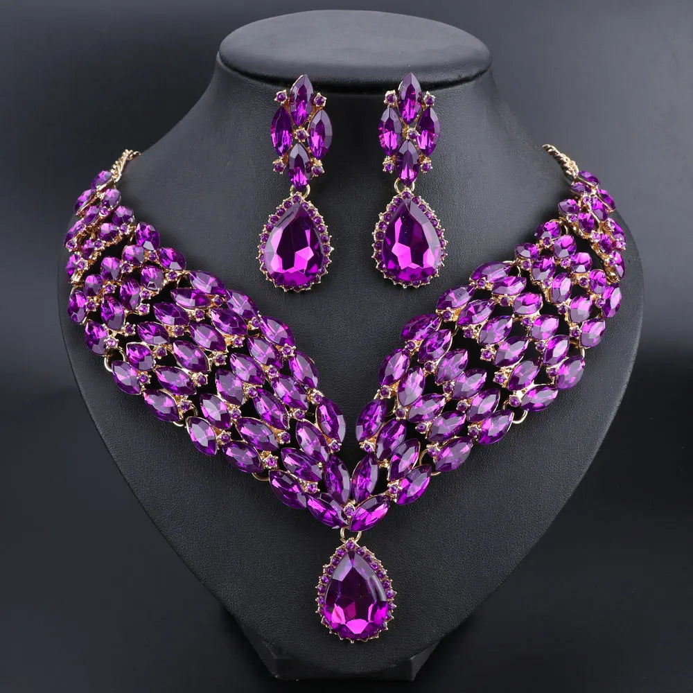 New Green Crystal Statement Necklace Earrings Set Gold Color Jewelry Sets Indian Bridal Wedding Costume Jewellery