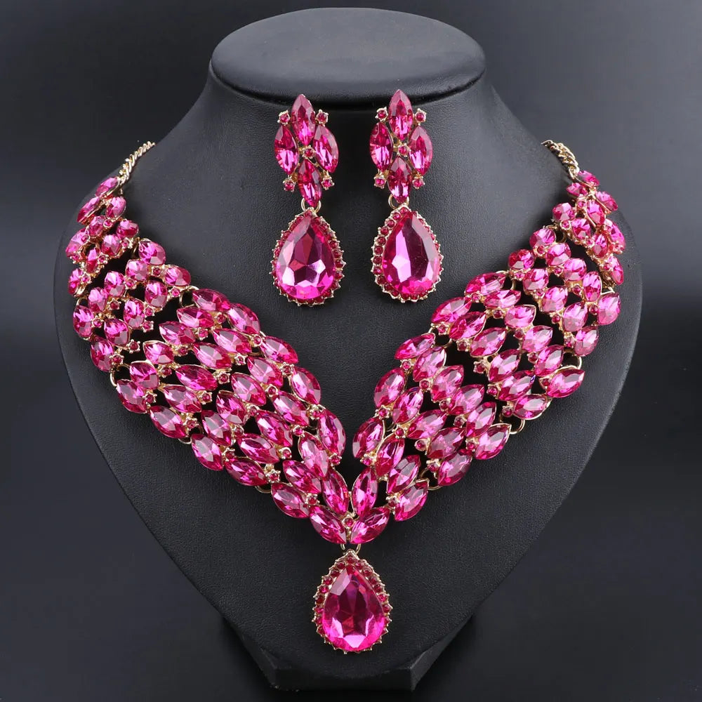 New Green Crystal Statement Necklace Earrings Set Gold Color Jewelry Sets Indian Bridal Wedding Costume Jewellery