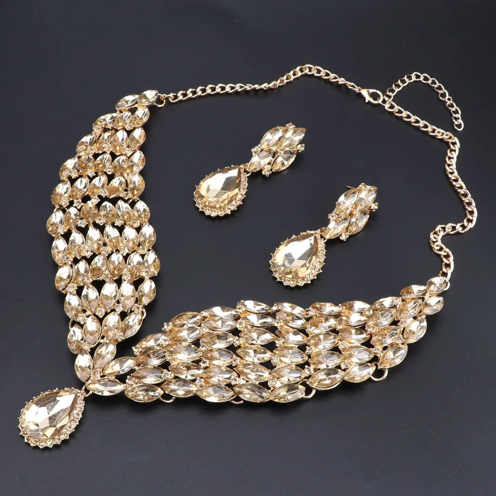 New Green Crystal Statement Necklace Earrings Set Gold Color Jewelry Sets Indian Bridal Wedding Costume Jewellery