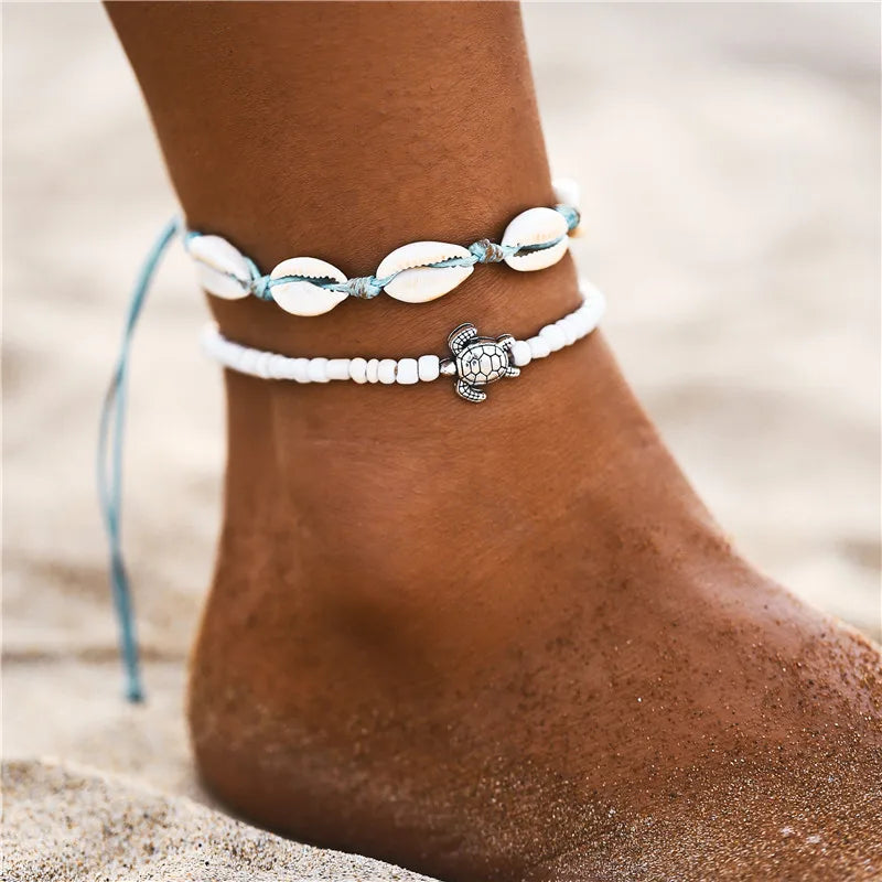 Boho Ocean Beach Cowrie Shell Ankle Bracelet Handmade Adjustable String Macrame Mussel Seashell Anklets for Women Foot Jewelry