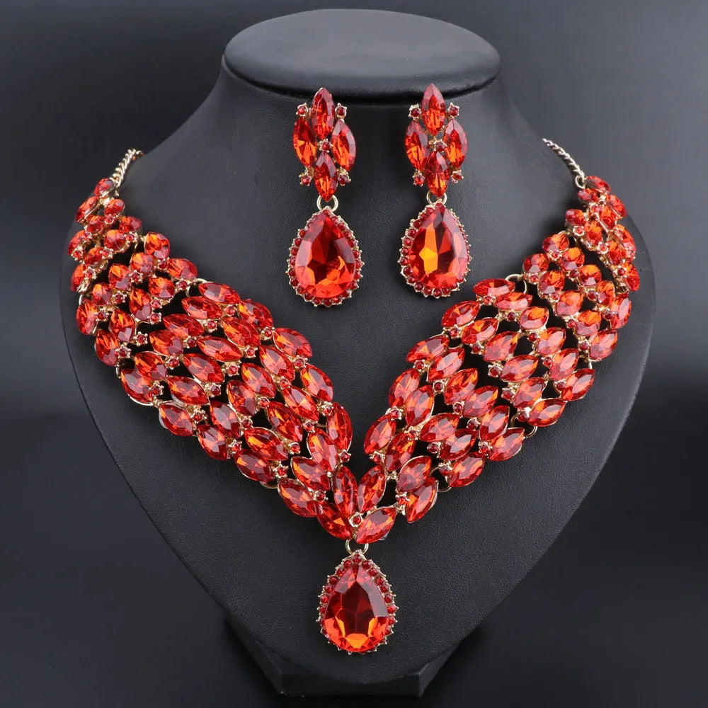 New Green Crystal Statement Necklace Earrings Set Gold Color Jewelry Sets Indian Bridal Wedding Costume Jewellery