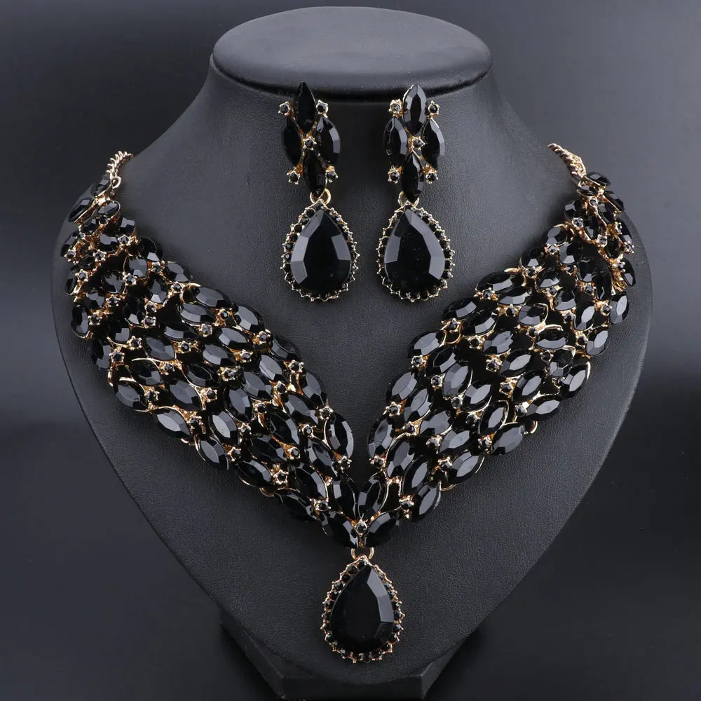 New Green Crystal Statement Necklace Earrings Set Gold Color Jewelry Sets Indian Bridal Wedding Costume Jewellery