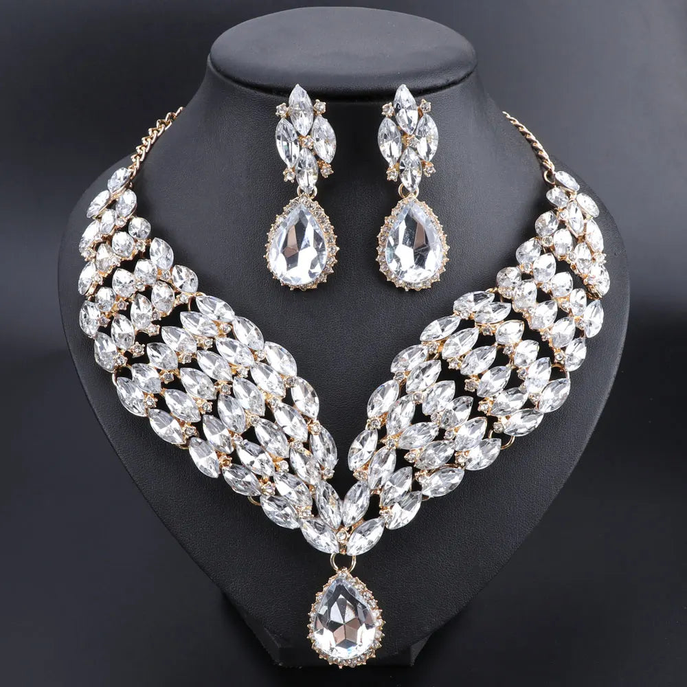 New Green Crystal Statement Necklace Earrings Set Gold Color Jewelry Sets Indian Bridal Wedding Costume Jewellery