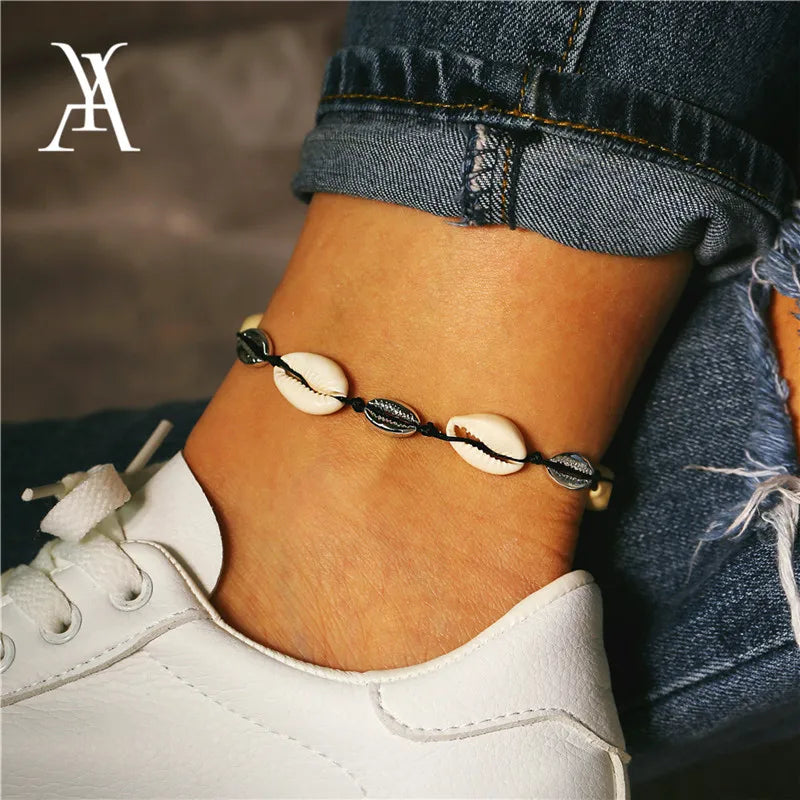 Boho Ocean Beach Cowrie Shell Ankle Bracelet Handmade Adjustable String Macrame Mussel Seashell Anklets for Women Foot Jewelry