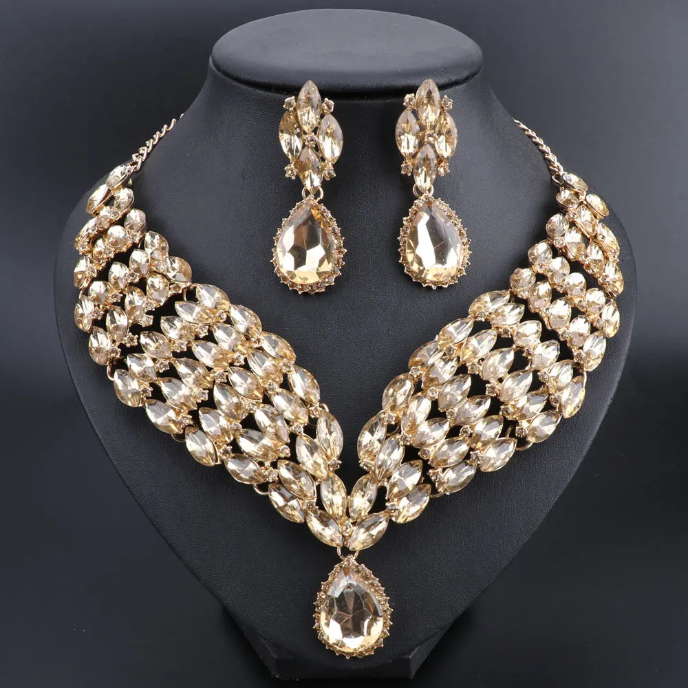 New Green Crystal Statement Necklace Earrings Set Gold Color Jewelry Sets Indian Bridal Wedding Costume Jewellery