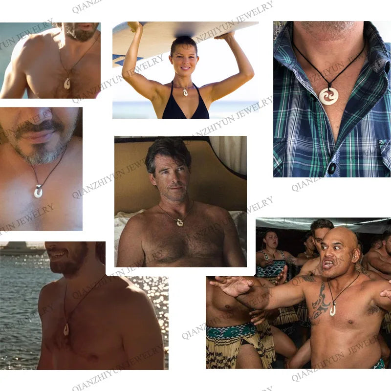 1PC Hawaii Surfer Jewelry Handmade Carved buffalo horn  Fish Hook Pendant New Zealand Maori Tribal Choker WoMen's Men's Necklace