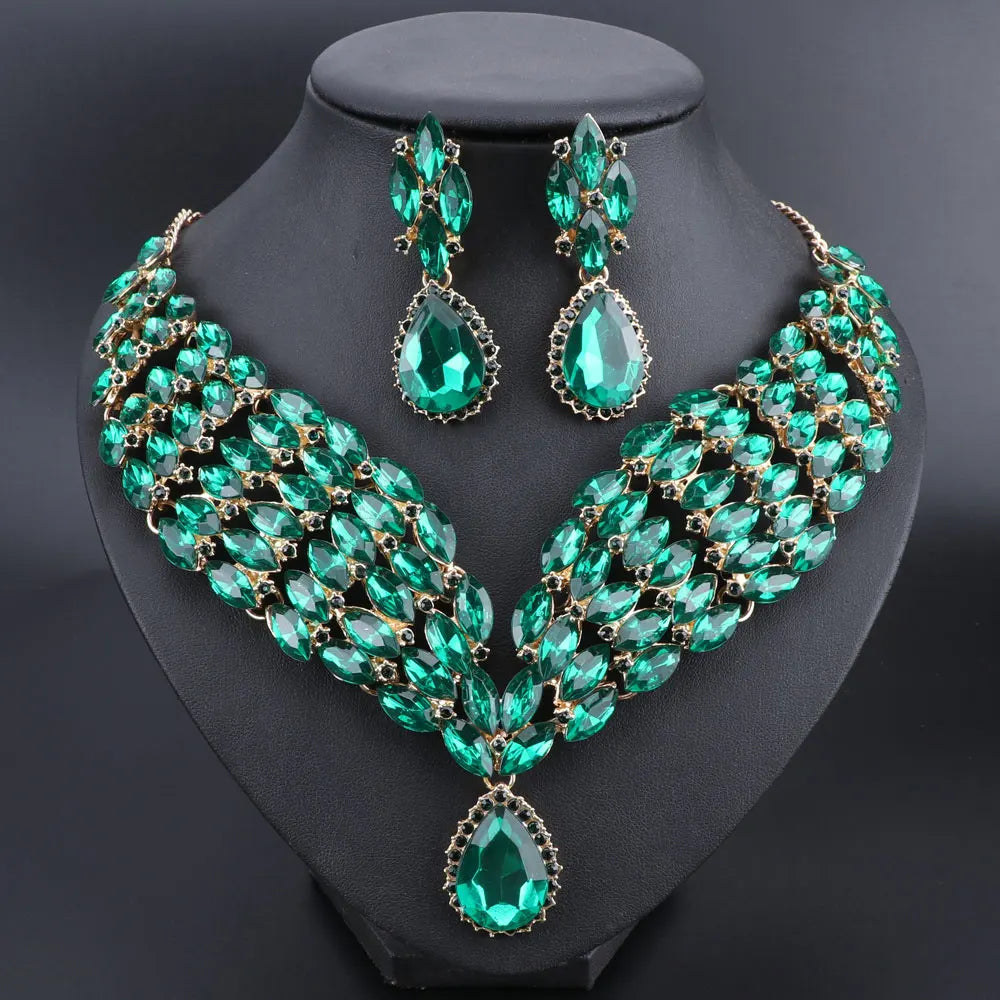 New Green Crystal Statement Necklace Earrings Set Gold Color Jewelry Sets Indian Bridal Wedding Costume Jewellery