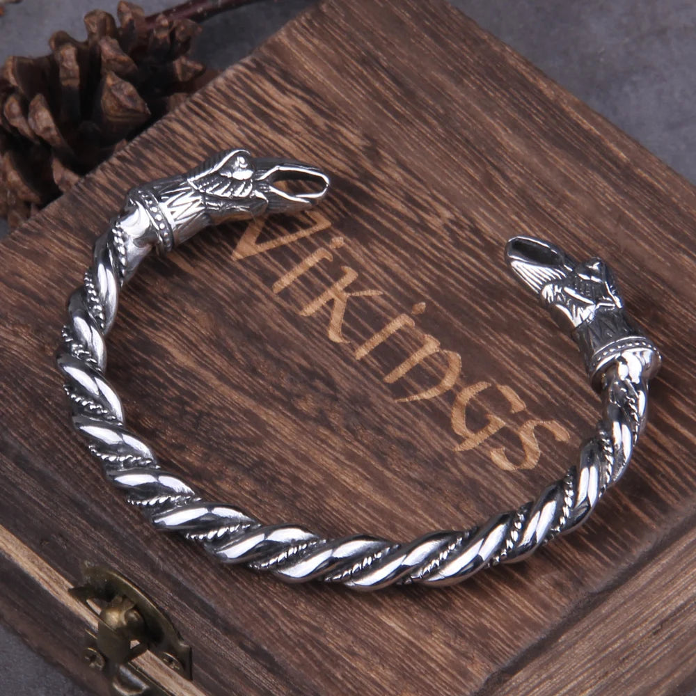 Stainless Steel Nordic Viking Norse Raven Bracelet Men Wristband Cuff Bracelets with viking wooden box