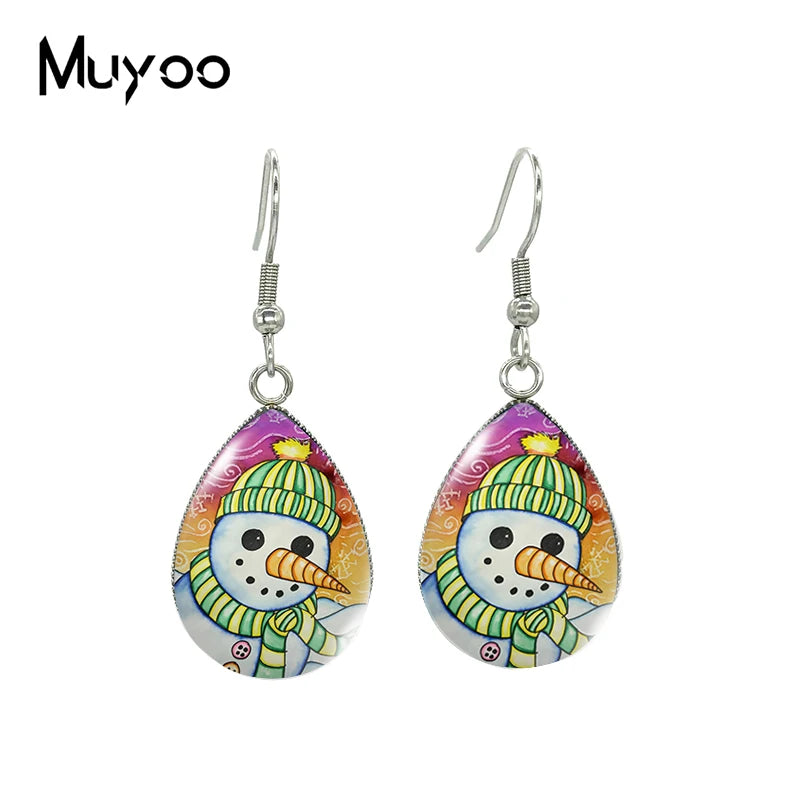 2021 New Snowman Tear drop Earring Merry Christmas Fish hook Earrings Glass Cabochon Jewelry Handmade Items