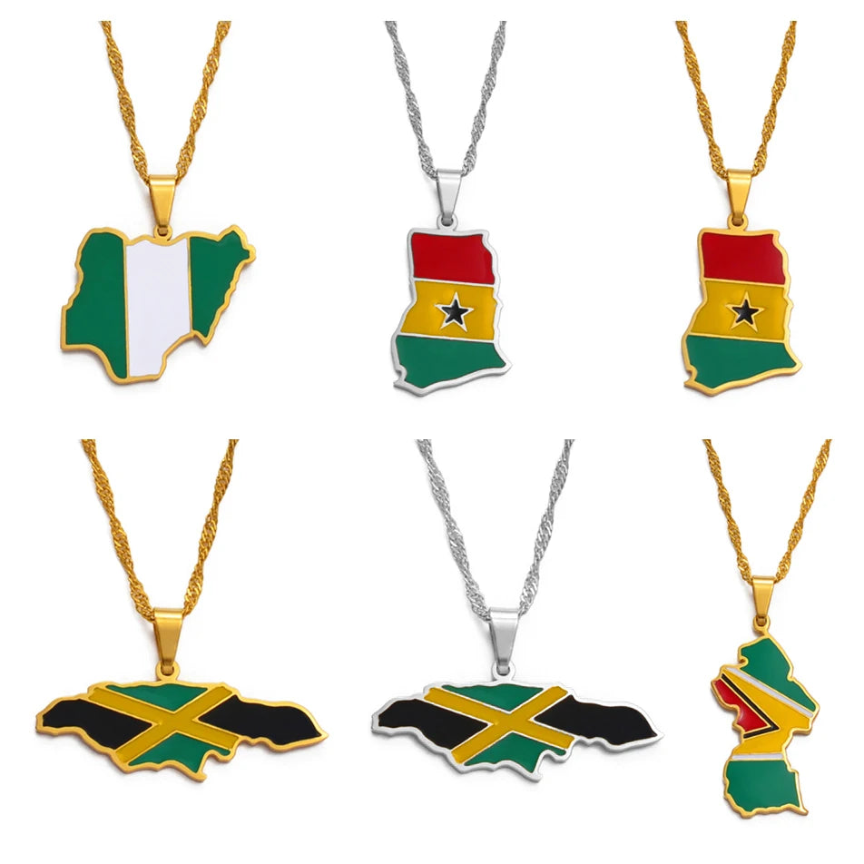 Anniyo Colorful Flags Nigeria Ghana Jamaica Guyana Maps Stainless Steel & Enamel Pendant Necklaces National Jewelry @122921