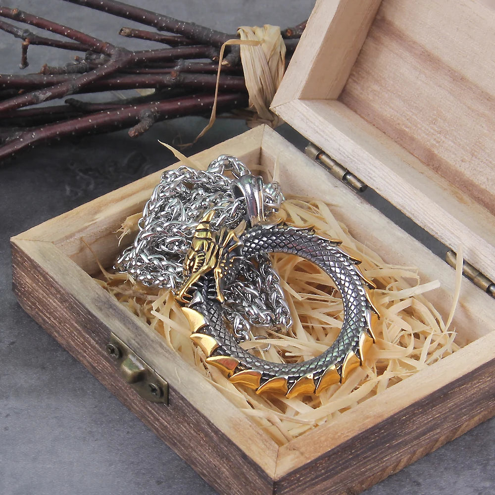 Never Fade Men Stainless steel Viking Self-devourer Ouroboros Valknut Amulet dragon Pendant Necklace with vikings wooden box
