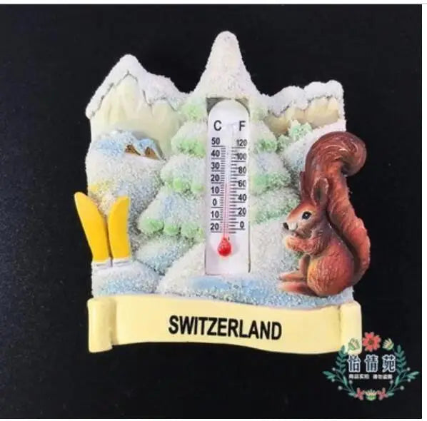 Switzerland Snow Mountain Lovers Squirrel Skiing 3D Fridge Magnets Tourism Souvenirs Refrigerator Magnetic Stickers Gift