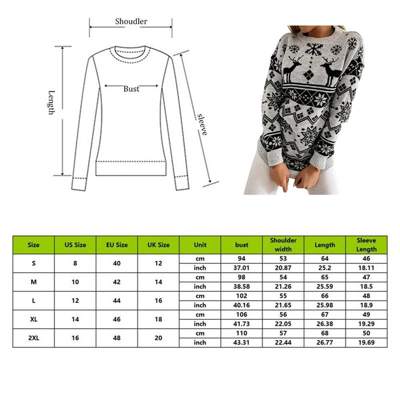 2025 Winter Women's Christmas Sweater Elk Print Knitted Jumpers Full Sleeve O Neck Casual Loose Knitwear Pullover Tops Xmas Look