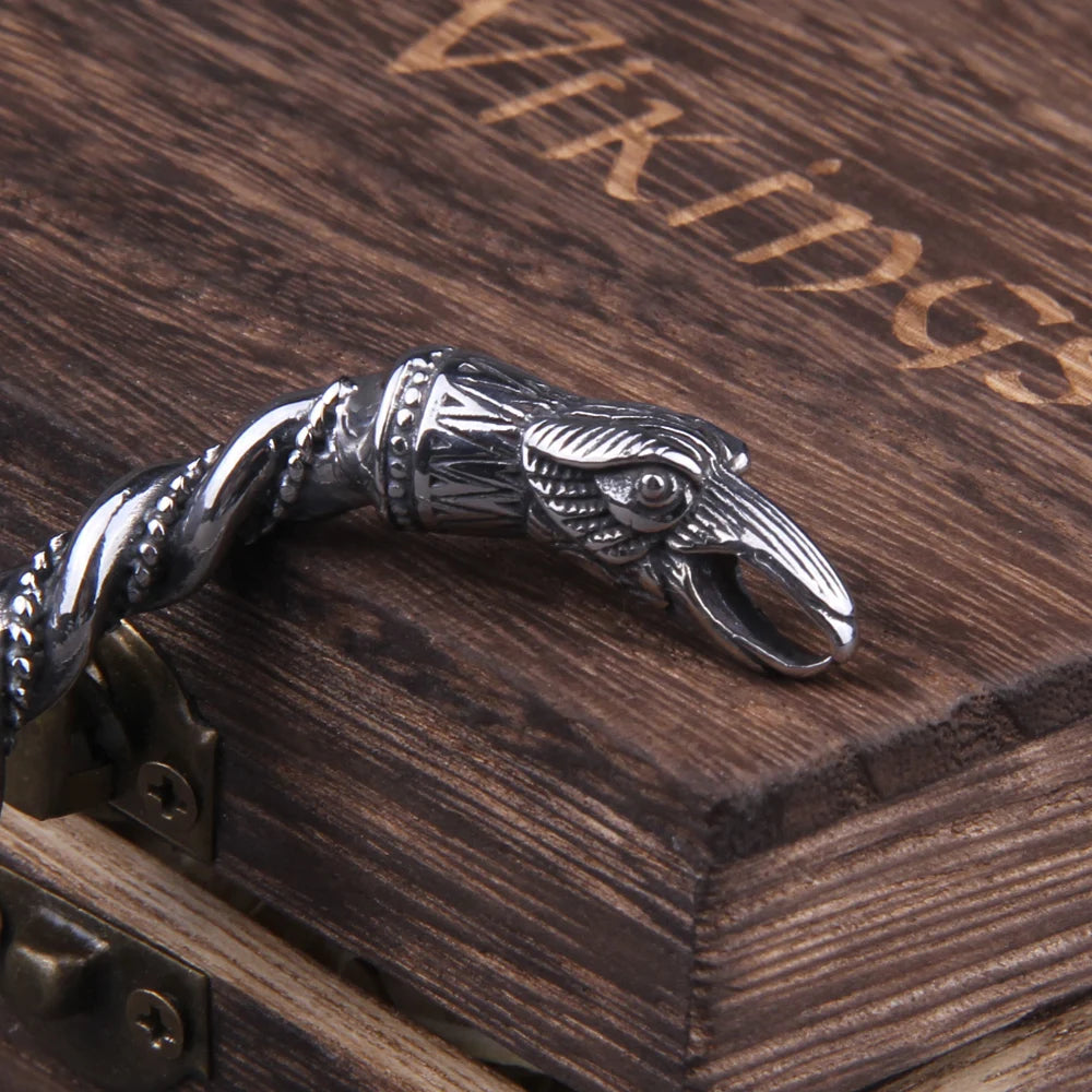 Stainless Steel Nordic Viking Norse Raven Bracelet Men Wristband Cuff Bracelets with viking wooden box