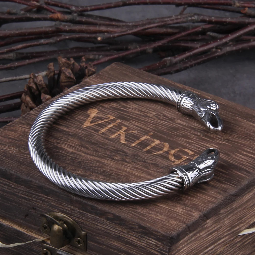Stainless Steel Nordic Viking Norse Raven Bracelet Men Wristband Cuff Bracelets with viking wooden box