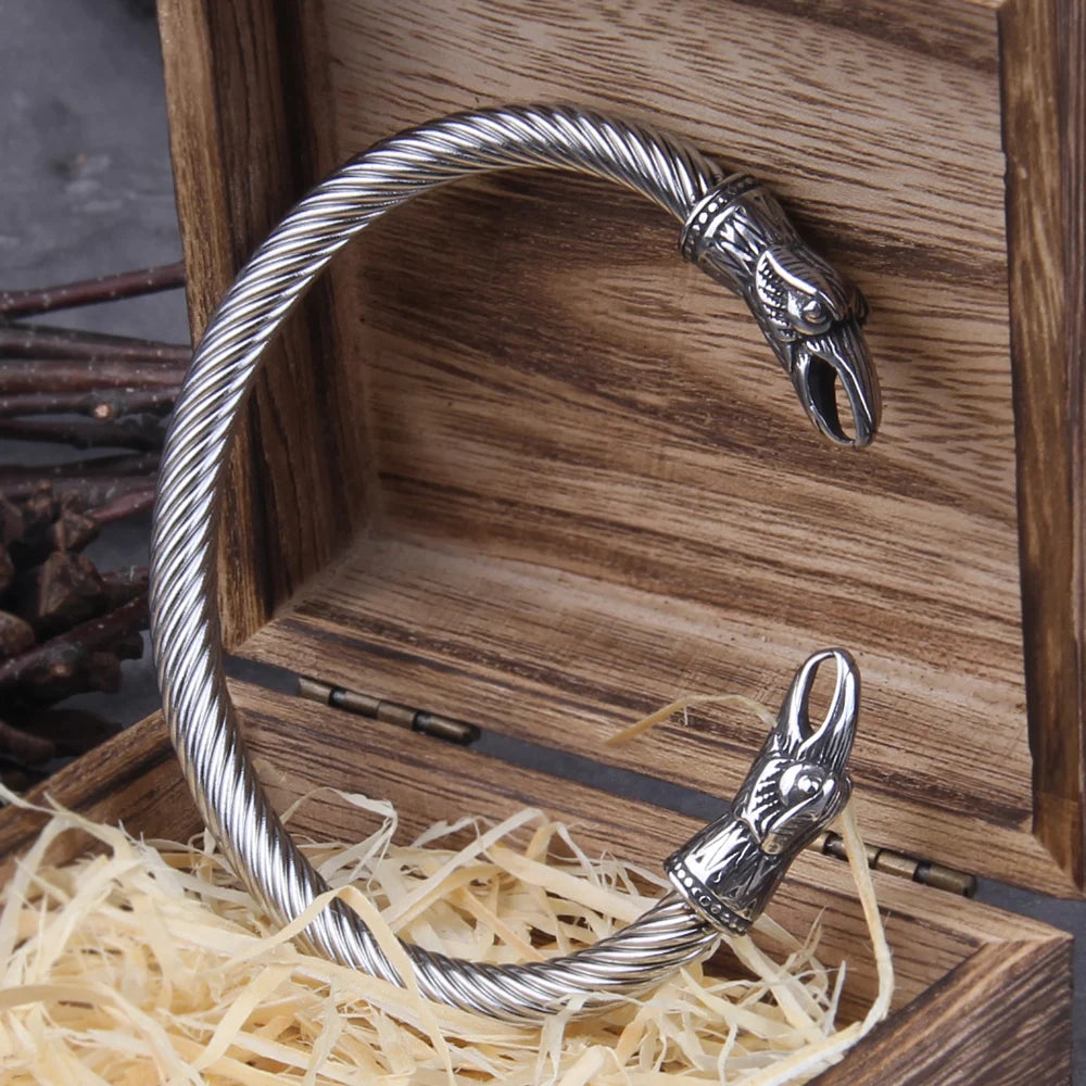 Stainless Steel Nordic Viking Norse Raven Bracelet Men Wristband Cuff Bracelets with viking wooden box