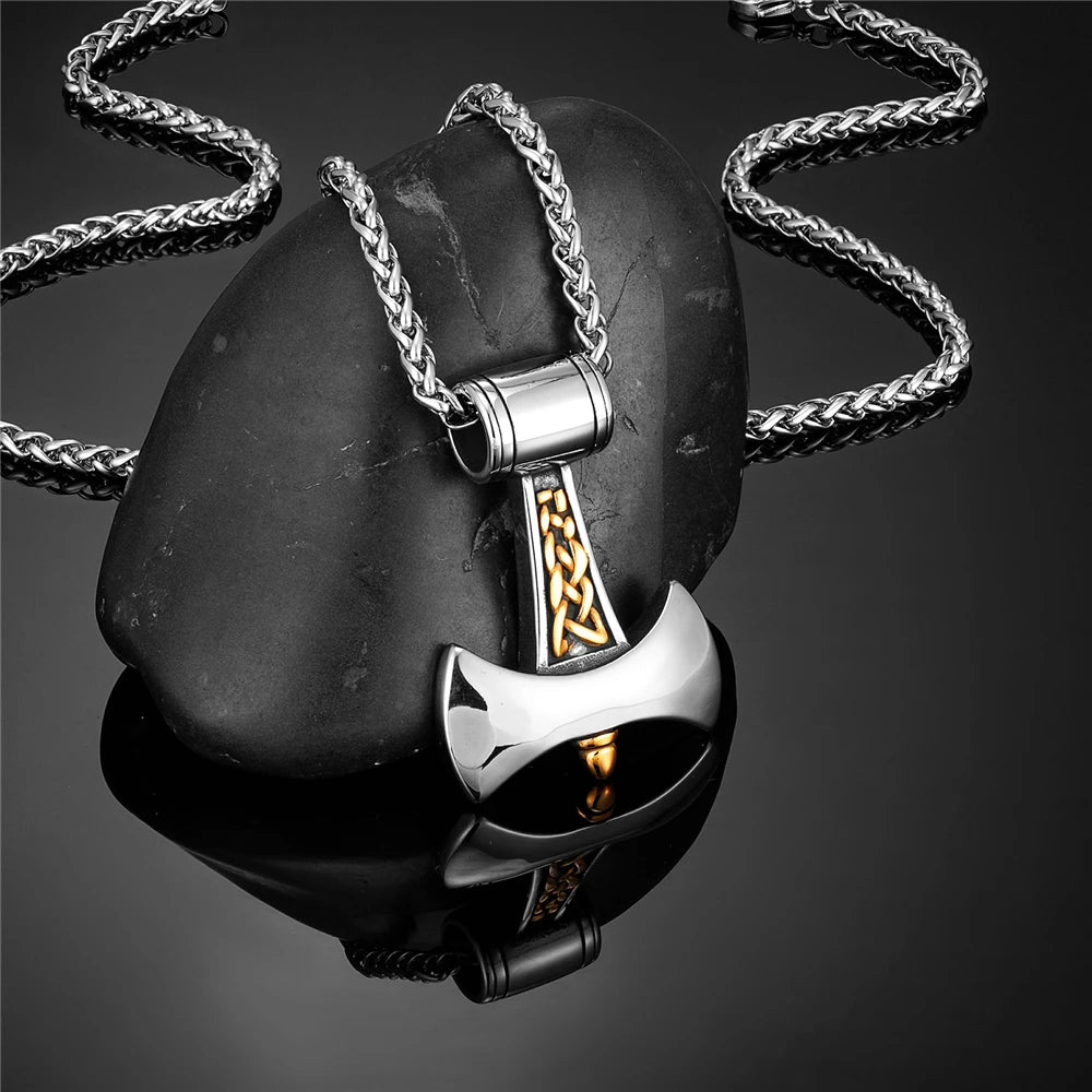 Vikings Axe Anchor Necklaces Men Titanium Steel Gold Color Norse Rune Hammer Amulet Pendant Self-defense Never Fade Male Jewelry