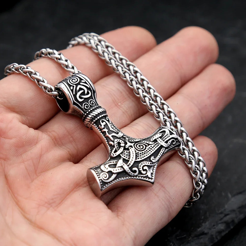 Viking Vintage Thor Hammer Necklace For Men Woman Stainless Steel Valknut Pendant Celtic Knot Amulet Jewelry Gift Dropshipping