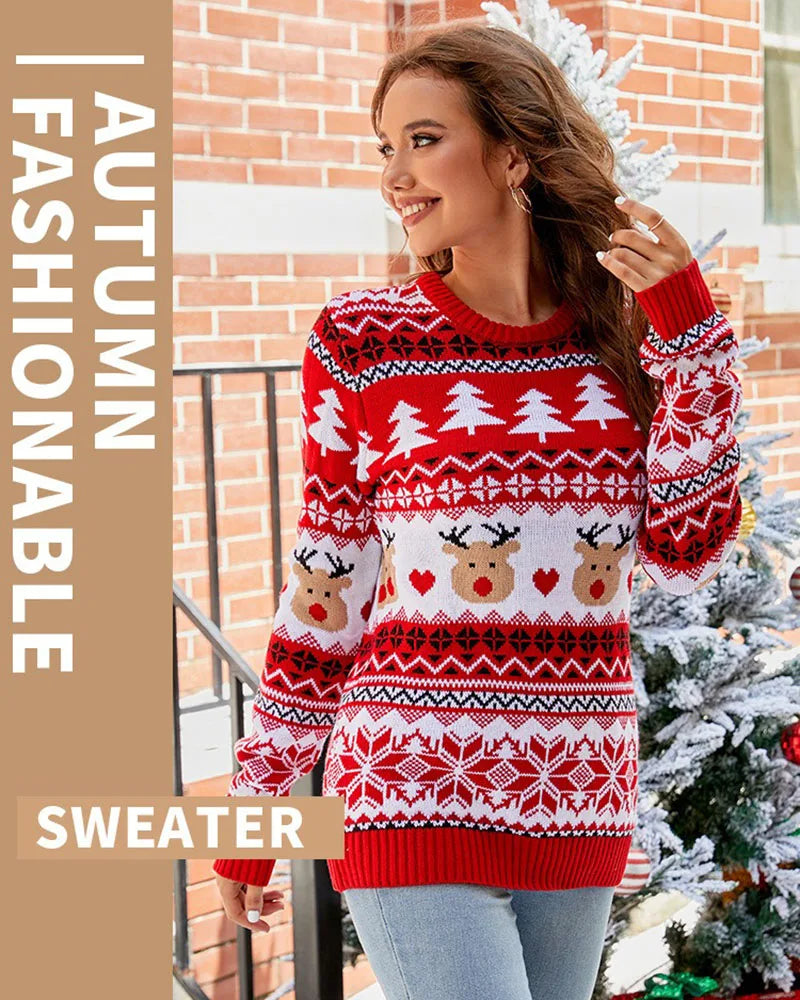 2025 New Trendy Lazy Style Printed Flannel Casual Pullover Christmas Knit Sweater For Women Autumn/Winter Knitted Sweater