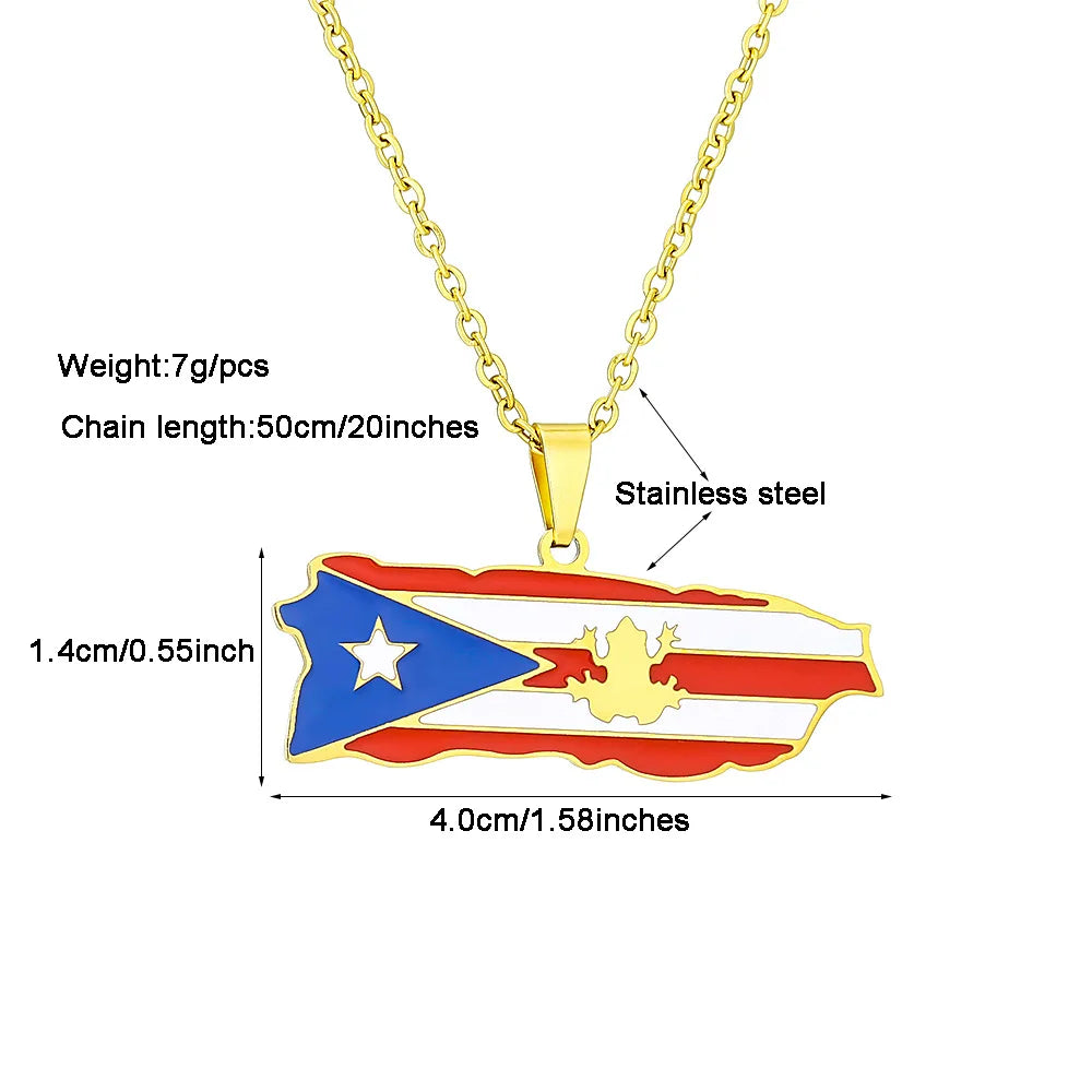 2024 New fashion vintage dripping stainless steel Puerto Rico map flag pendant necklace men's and women's collarbone chain acces