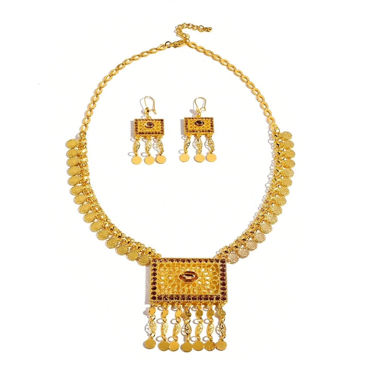 Afghan Fashion Golden Geometric Hollow Carving Rhinestone Coins Tassel Necklaces Earrings Women Kurdish Statement Jewelry Set