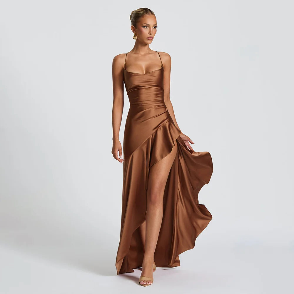 Summer 2025 new temperament elegant satin long skirt personality suspender ruffle high slit dress club clothing Vestidos