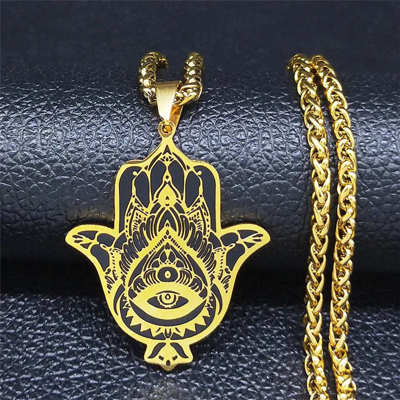 Hamsa Hand Stainless Steel Necklace Gold Color Amulet Hand of Fatima Necklaces Islamic Religious Arabic Jewelry mano de fatima