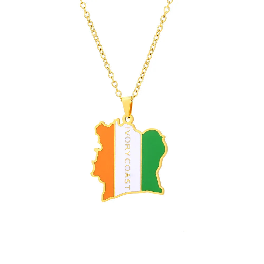 2024 new fashion stainless Cote d 'Ivoire map with flag pendant necklace temperament everything collarbone chain birthday annive