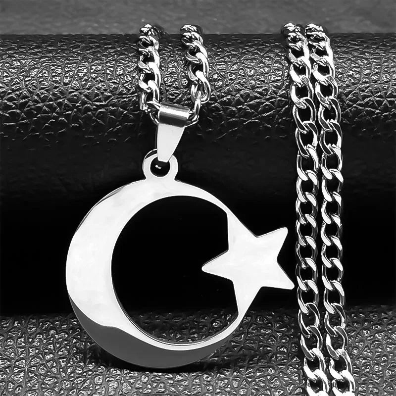 2023 Muslim Islam Moon Star Stainless Steel Chain Necklaces for Women Gold Color Necklace Jewelry collares de mujer N4811S05