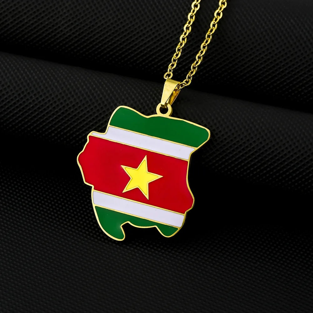 2024 New fashion stainless steel Republic of Suriname map flag necklace for women and men couples ethnic style accessories colla