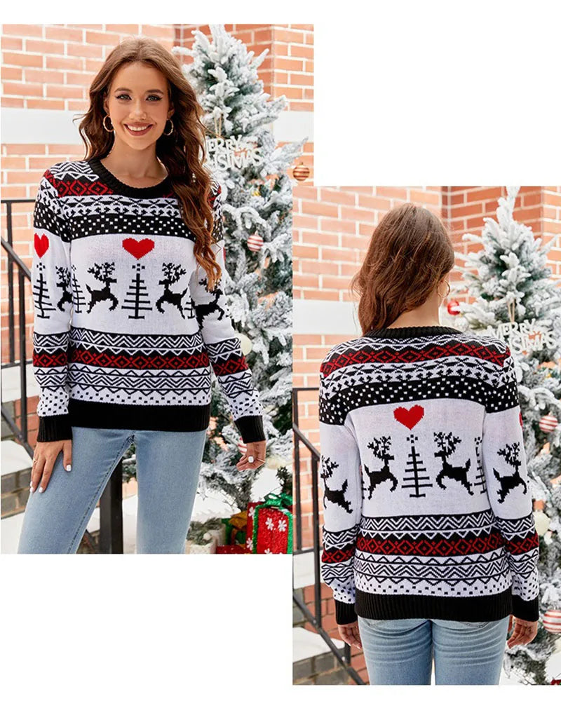2025 New Trendy Lazy Style Printed Flannel Casual Pullover Christmas Knit Sweater For Women Autumn/Winter Knitted Sweater