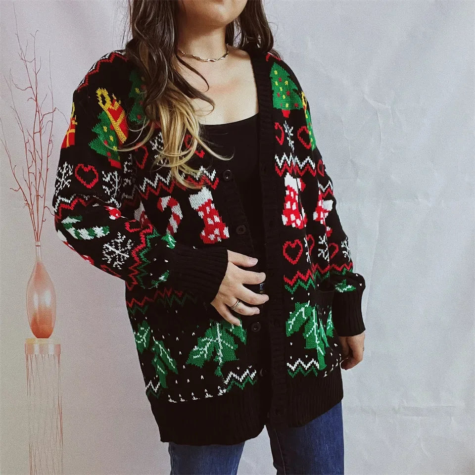 2023 Cross-border Amazon Autumn/winter New Single-breasted V-neck Christmas Theme Knit Sweater Cardigan New Year