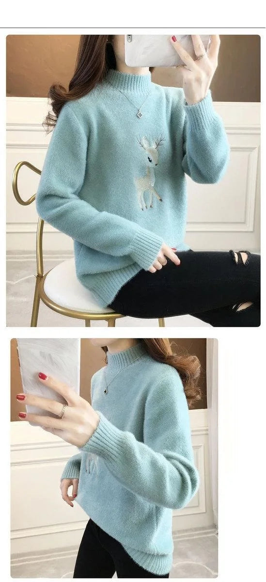 2023 Christmas Sweater Women Faux Mink Cashmere Half High Collar Pullover Fleece Winter Clothes Embroidery Deer Warm Jumper